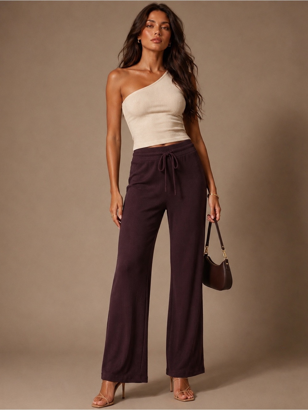 NWT Ribbed Wide-Leg Knit Drawstring Pants - Dark Plum